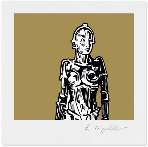 Eine Druckgrafik vom Maschinenmenschen aus dem Film Metropolis in schwarz und gold