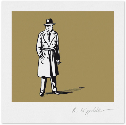 Eine Druckgrafik von Humphrey Bogart aus dem Film „The Maltese Falcon“, in schwarz und gold gedruckt