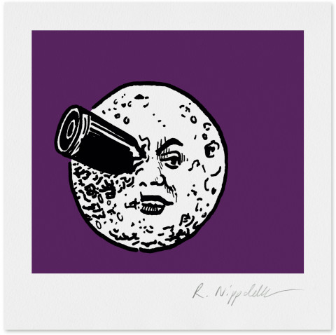 Eine Druckgrafik von dem Mond mit der Rakete im Auge aus dem Film von Méliès in schwarz und violett