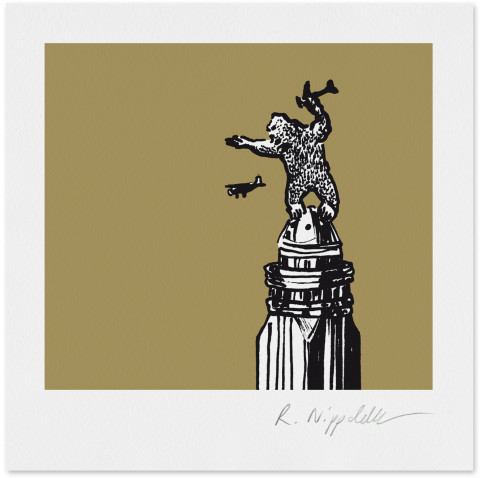 Eine Druckgrafik von einer ikonischen Szene aus dem Film King Kong von 1933 in schwarz und gold