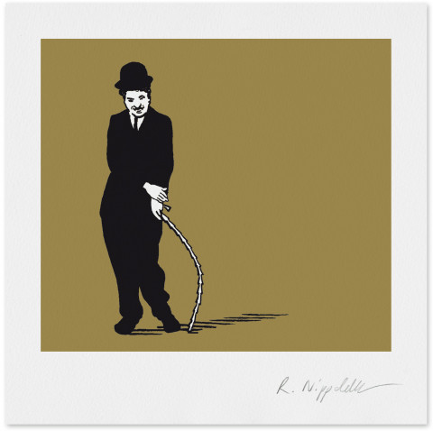 Eine Druckgrafik von Charlie Chaplin als Tramp schwarz und gold.