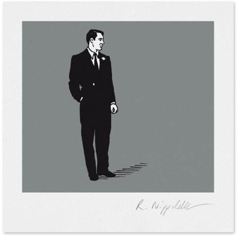 Eine Druckgrafik von Cary Grant im Anzug in den Farben schwarz und silber
