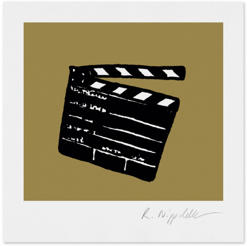 Eine Druckgrafik von einer Filmklappe in den Farben schwarz und gold