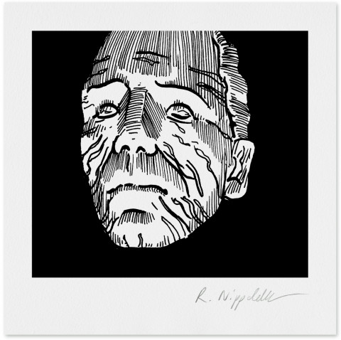 Eine Druckgrafik von der Mumie aus dem 1930er Jahre Film „The Mummy“, in schwarz und weiß