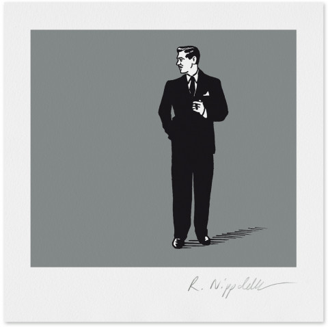 Eine Druckgrafik von Clark Gable im Anzug in schwarz und silber