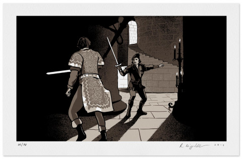 Eine Druckgrafik von 2 fechtenden Männern in schwarz und sepia