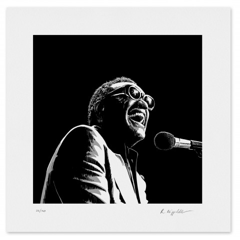 Eine Druckgrafik vom Musiker Ray Charles in schwarz und silber