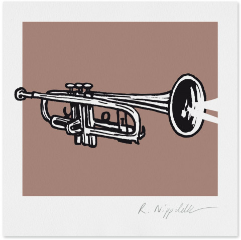 Eine Druckgrafik von einer Trompete in sepia, schwarz und weiß