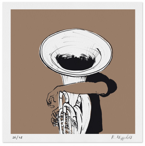 Eine Druckgrafik von einem Mann mit Tuba in beige, schwarz und weiß