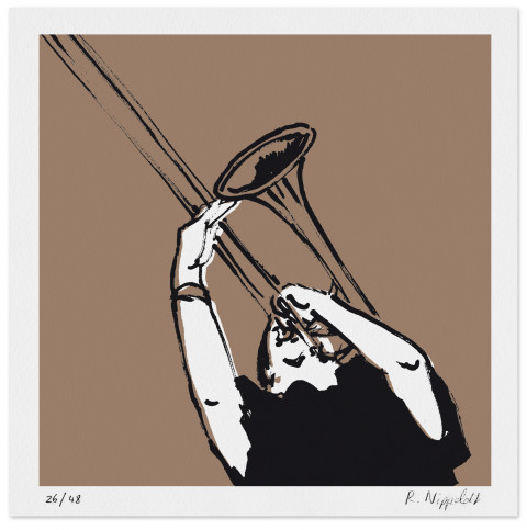 Eine Druckgrafik von einem Mann mit Posaune in beige, schwarz und weiß