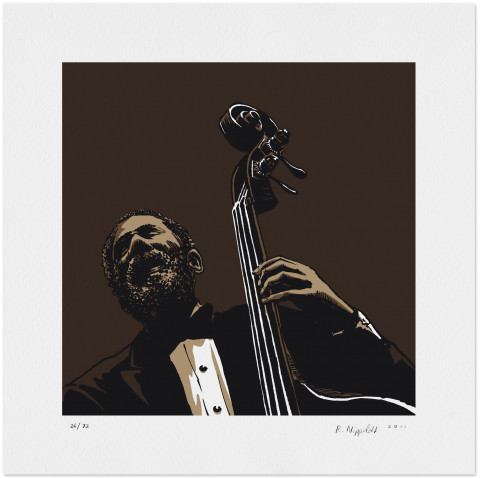 Eine Druckgrafik von einem Musiker mit Bass in Brauntönen