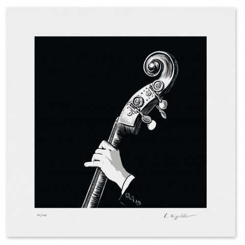 Eine Druckgrafik von der Bassschnecke eines Kontrabassisten in schwarz und silber