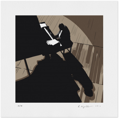 Eine Druckgrafik von einem Pianisten in schwarz und Sepiatönen