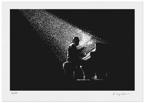 Eine Druckgrafik von einem Mann am Piano im Scheinwerferlicht