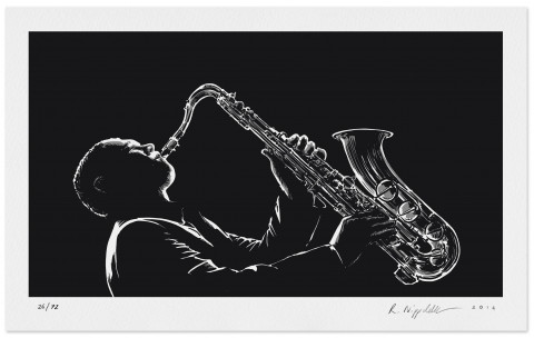 Eine Druckgrafik von einem Saxophonspieler in schwarz und weiß