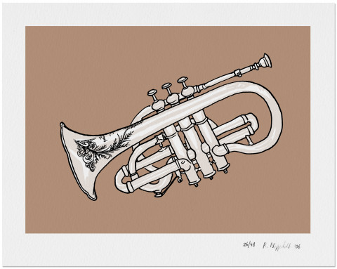 Eine Druckgrafik von einem Musikinstrument in weiß und beige
