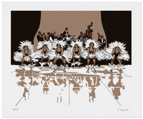 Eine Druckgrafik von einer Showtanzgruppe in schwarz, weiß und beige