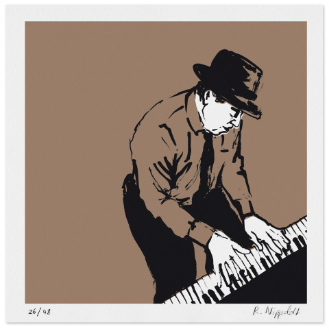 Eine Druckgrafik von einem Mann am Klavier in beige, schwarz und weiß