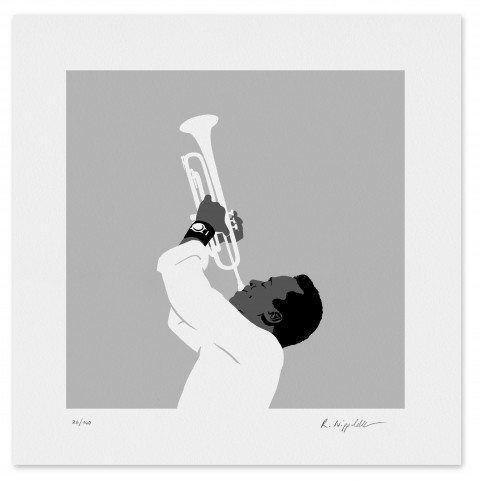 Eine Druckgrafik vom legendären Jazztrompeter Miles Davis in schwarz und silber