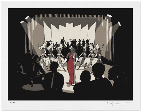 Eine Druckgrafik von einer Sängerin, Showtänzern und Musikern