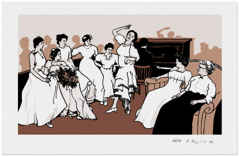 Eine Druckgrafik von einer Gruppe festlich gekleideter Menschen, einer Tänzerin und einem Pianospieler in schwarz, weiß und sepia