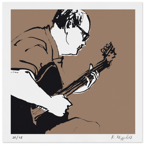 Eine Druckgrafik von einem Mann mit Gitarre in beige, schwarz und weiß