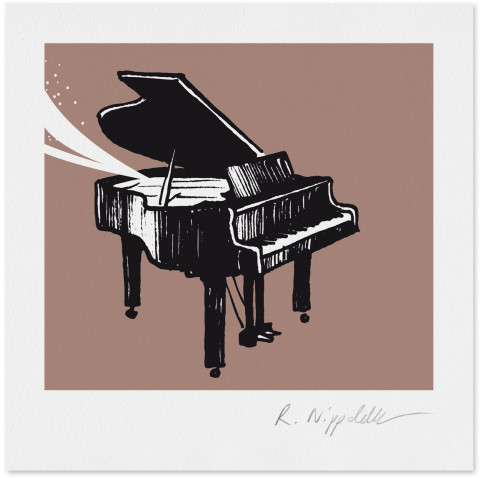 Eine Druckgrafik von einem Flügel in schwarz, weiß und sepia