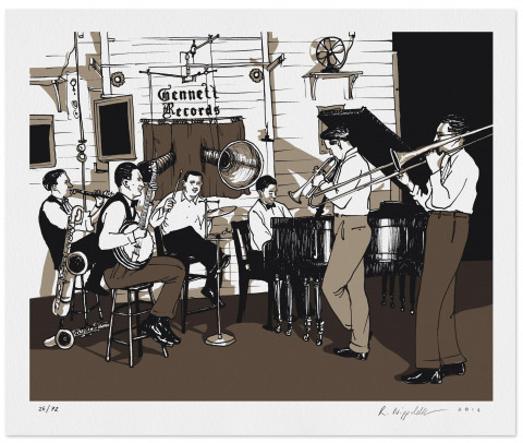 Eine Druckgrafik von einer Gruppe Musiker in braun, schwarz und weiß