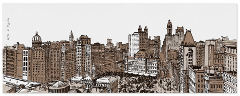 Eine Druckgrafik von der New Yorker Skyline in weiß und beige