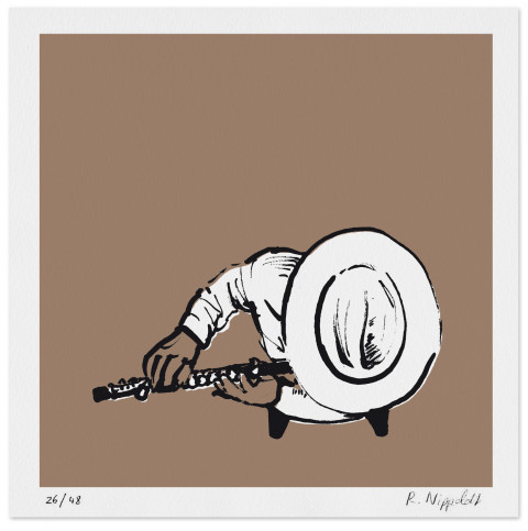 Eine Druckgrafik von einem Mann mit Querflöte in beige, schwarz und weiß