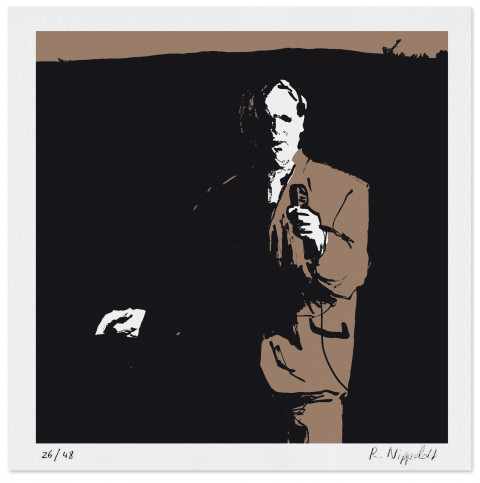 Eine Druckgrafik von einem Sänger in beige, schwarz und weiß