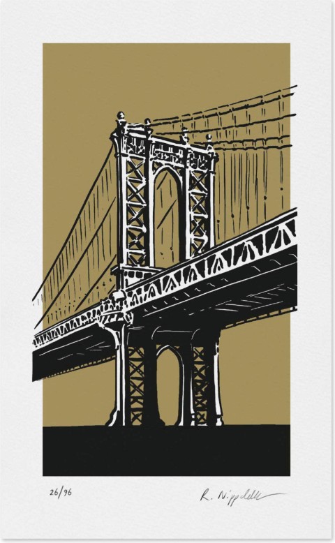 Eine Druckgrafik von der Manhattan Bridge in New York, in schwarz und gold gedruckt