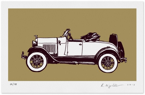 Eine Druckgrafik von einem Ford Tin Lizzy, in schwarz und gold gedruckt