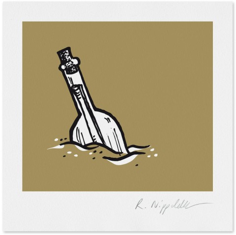 Eine Druckgrafik von einer Flaschenpost, die im Meer schwimmt, in schwarz und gold gedruckt