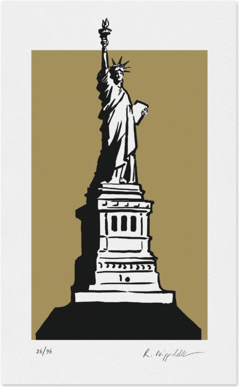 Eine Druckgrafik von der Freihheitsstatue in New York, in schwarz und gold gedruckt