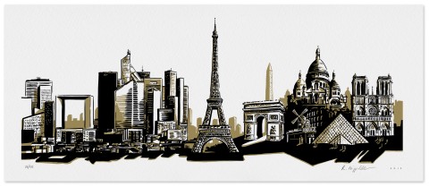 Eine Druckgrafik von der Stadtsilhouette von Paris in schwarz und gold