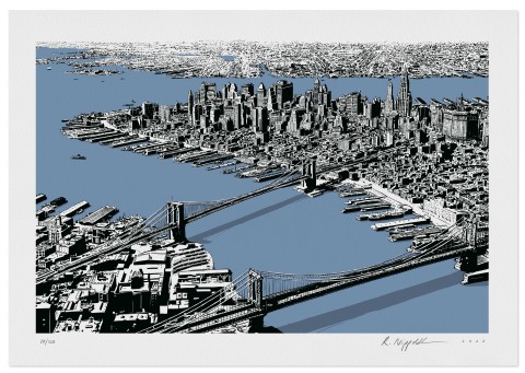 Eine Druckgrafik von Manhattan/New York, mit Blick auf den East River mit der Brooklyn Bridge und der Manhattan Bridge, in schwarz und blau gedruckt