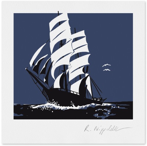 Eine Druckgrafik von einem großen Segelschiff auf offener See, in schwarz und blau gedruckt