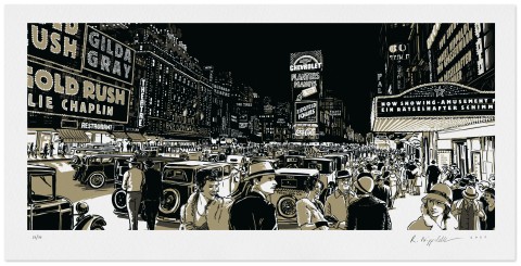 Eine Druckgrafik vom Times Square in New York, mit Leuchtreklamen am Broadway, in schwarz und gold gedruckt