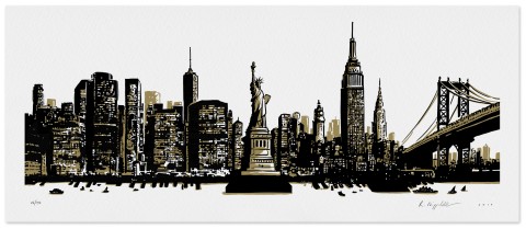 Eine Druckgrafik von der Stadtsilhouette von New York in schwarz und gold