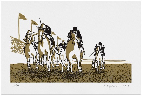 Eine Druckgrafik von einem Pferderennen im Hawthorne Racetrack in Chicago, in schwarz und gold gedruckt