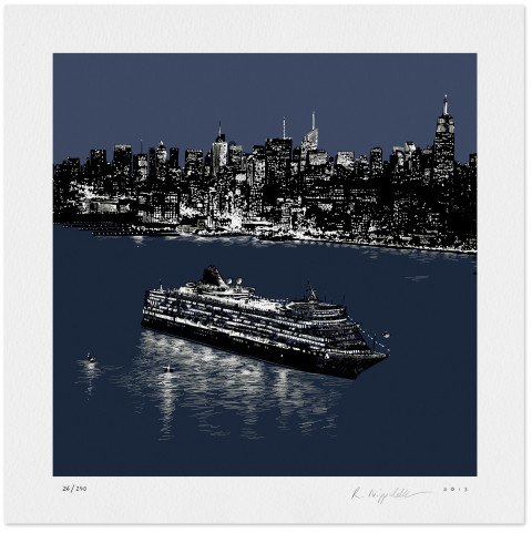Eine Druckgrafik von der AIDA vor der Skyline von New York