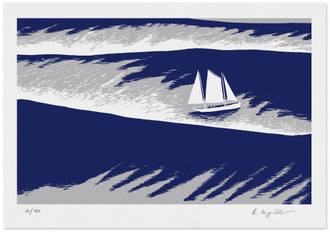 Eine Druckgrafik von von einem gezeichneten Segelboot, in blau und silber gedruckt